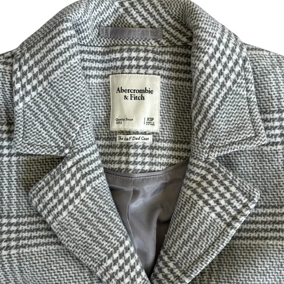 Abercrombie & Fitch Wool Blend The Dad Coat Houndstooth Gray Plaid Size XSP - Picture 6 of 16